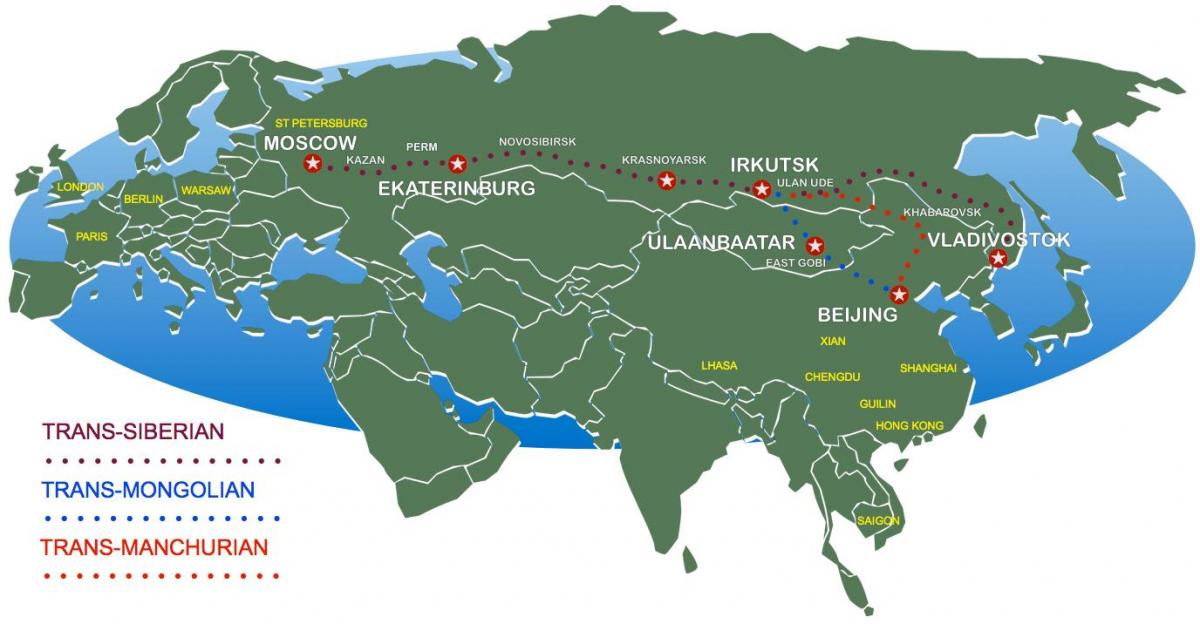 kart over Moskva til vladivostok tog i rute